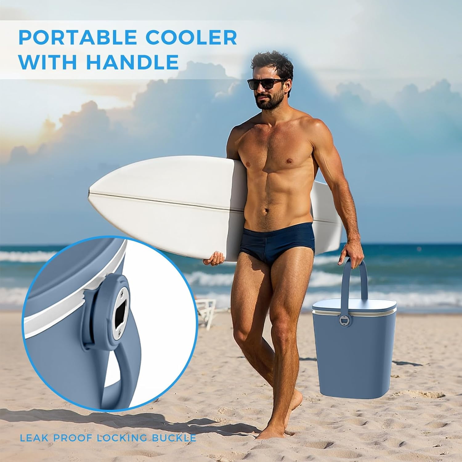14.69×14.25×14.69 in Rattan Style Outdoor Cooler Table – 8 Gallon 3-in-1 Ice Bucket Height-Adjustable Design & Drainage Plug for Deck, Pool Parties, Barbecues & Picnics (Blue)