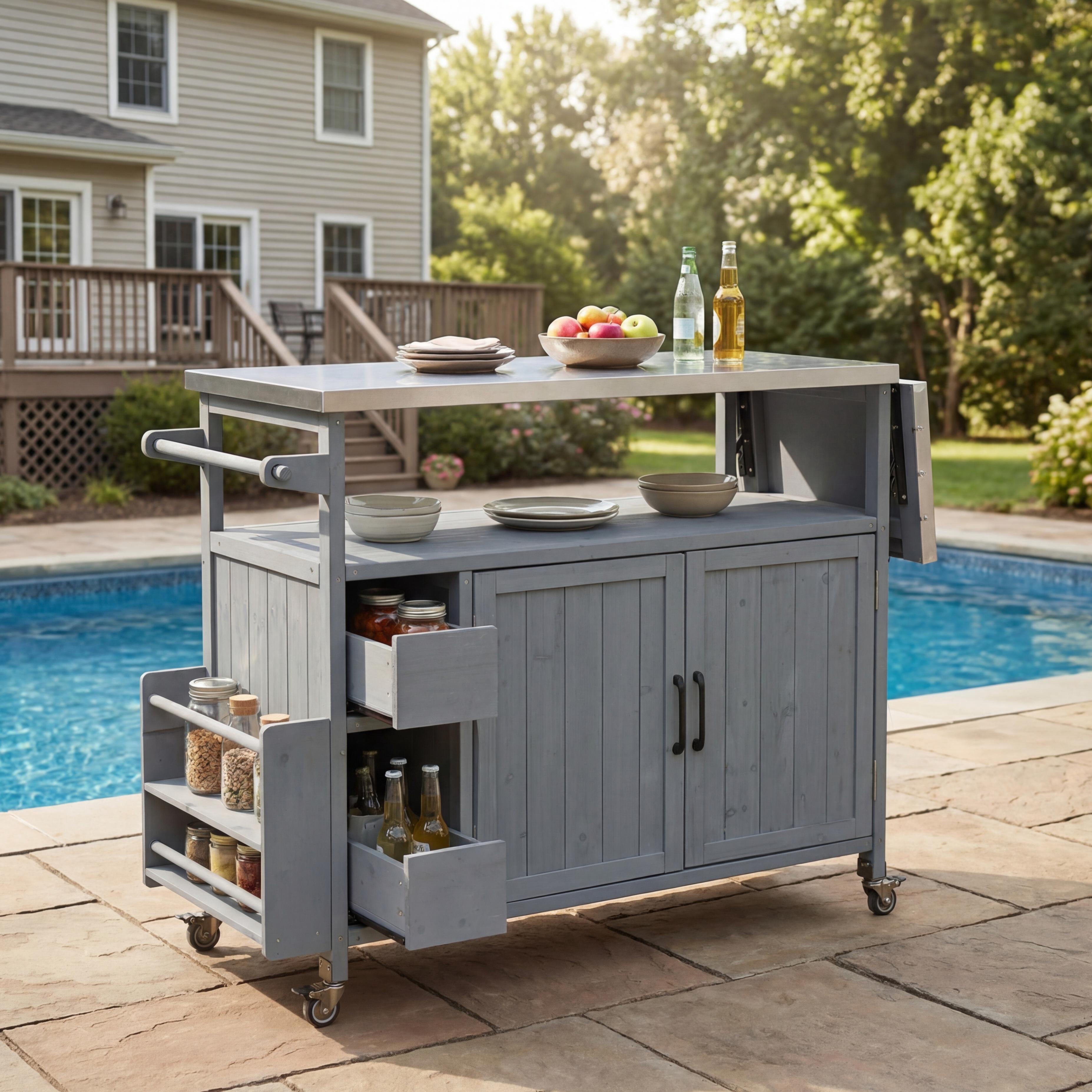 Rolling Kitchen Cart, 54.33 Inch Farmhouse Outdoor Serving Cart for Patio Backyard BBQ, Cream