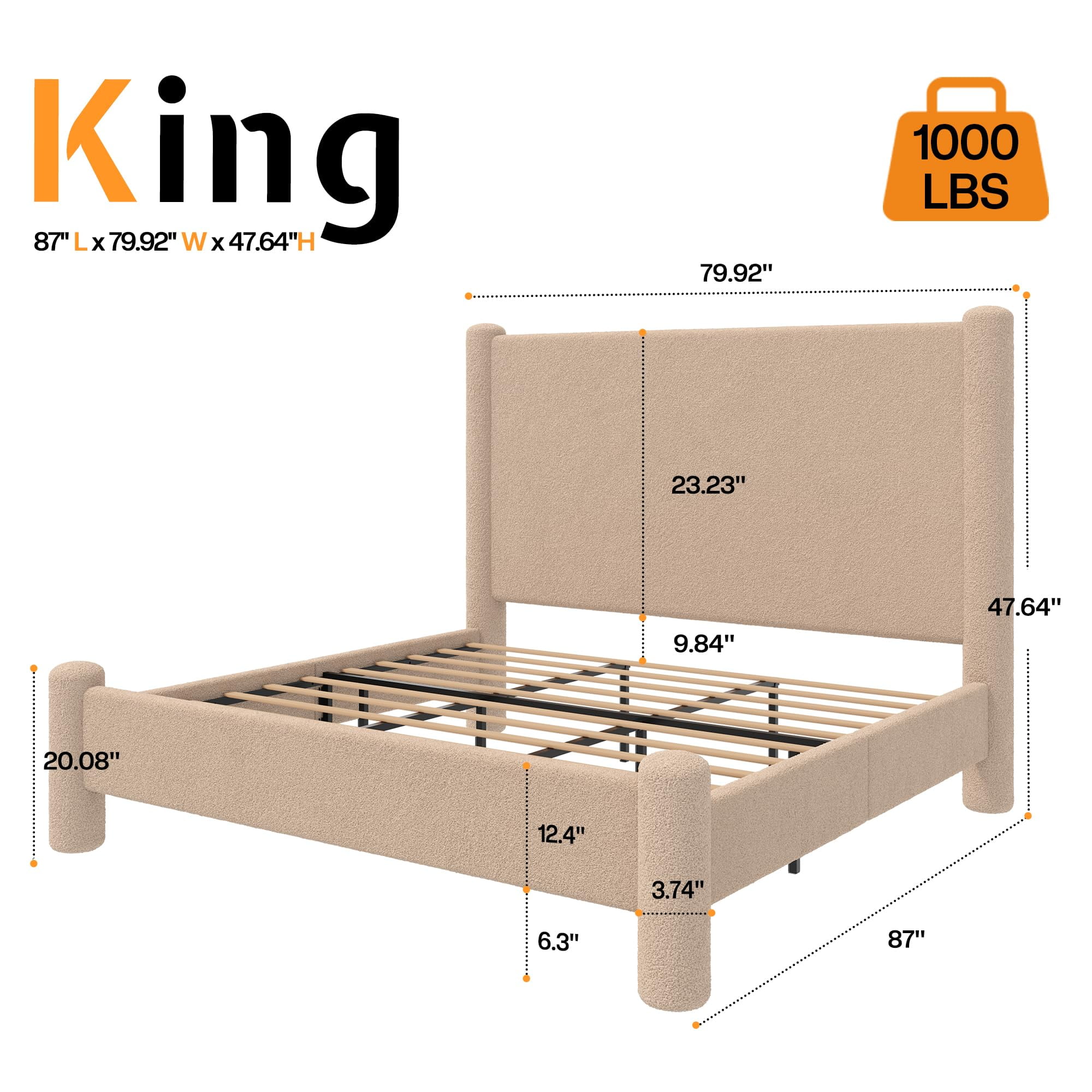 Merluxy King Size Bed Frame, Boucle Upholstered Bed Frame with Charging Station, Platform Bed with Soft Rounded Corners, Easy Assembly, Khaki