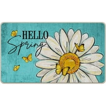 Hello Spring Daisy Flower Decorative Front Door Mat, Floral Butterfly Teal Doormat Indoor Outdoor Non-Slip Floor Entryway Rug, Seasonal Home Kitchen Decoration 17x30 Inch