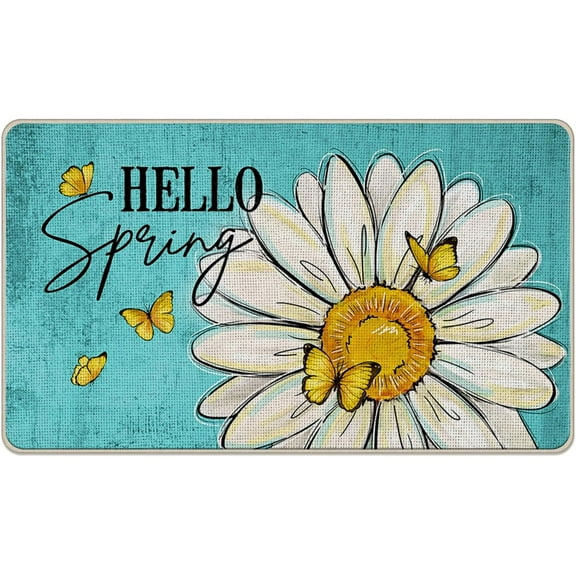 Hello Spring Daisy Flower Decorative Front Door Mat, Floral Butterfly Teal Doormat Indoor Outdoor Non-Slip Floor Entryway Rug, Seasonal Home Kitchen Decoration 17x30 Inch