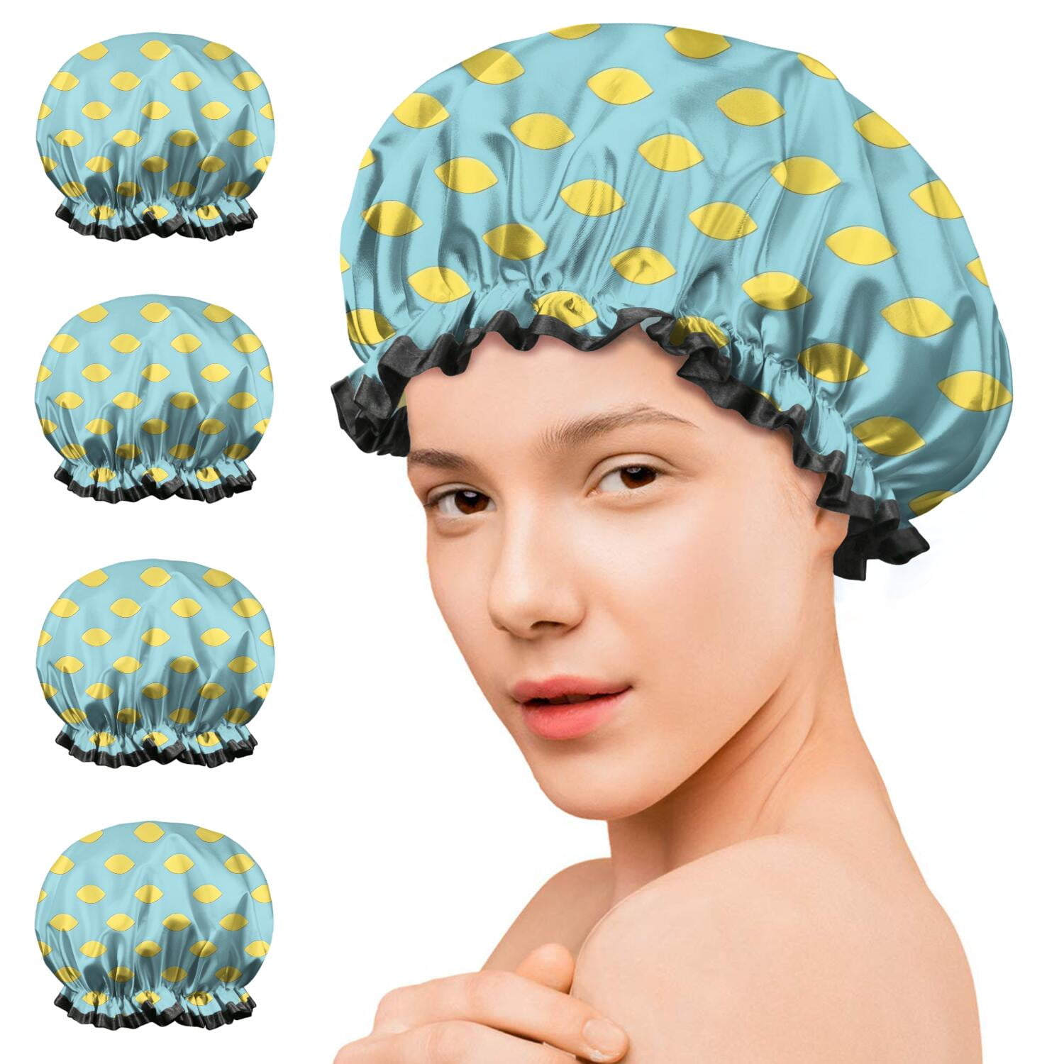 Shower Caps,Yellow Lemon Fruit Shapes LightBlue Pattern Waterproof Shower Cap for Women 4 Pieces,Double Reusable Hair Cover for Shower PEVA Elastic Stretch Hem
