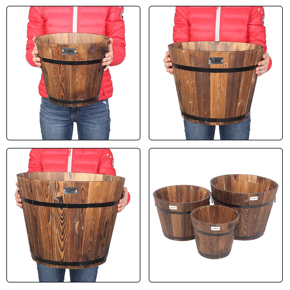 VINGLI Wooden Planter Barrel Set Brown Wood Rustic Flower Pots