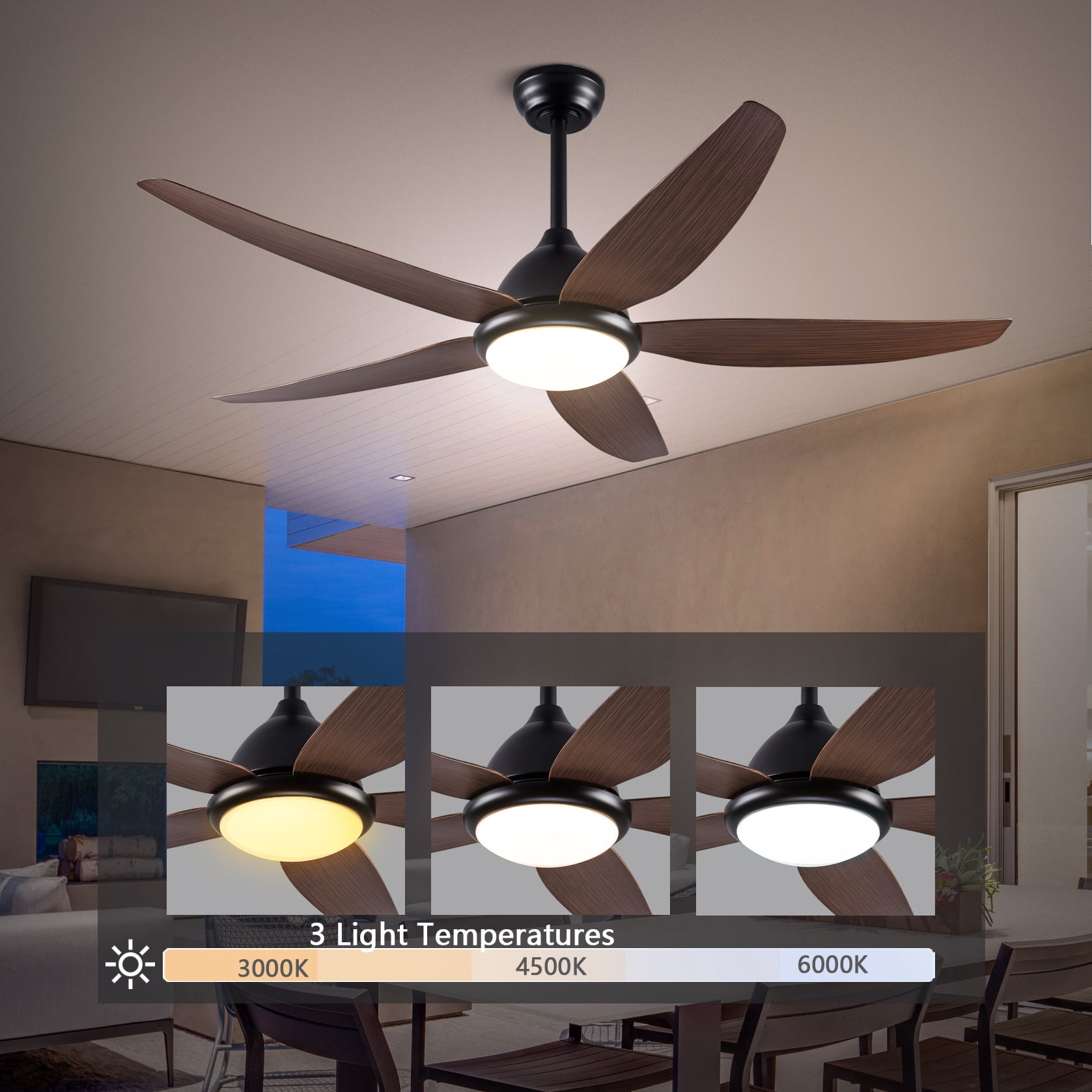 Mintazer 56 in Ceiling Fan with LED Light & Remote Control, Modern Ceiling Fan with 6 Speeds & Reversible Blade for Indoor Outdoor, Walnut