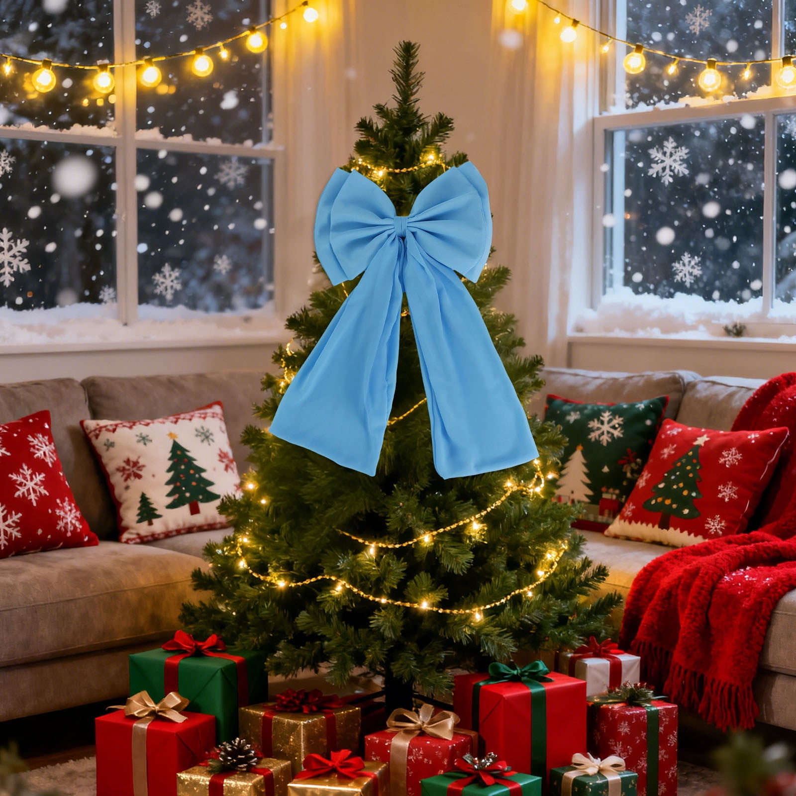 Blue Festive Oversized Bow With Double Layer Design For Christmas Tree Or Banister Decoration Chiffon Material Hanging Ornament