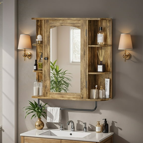 LYYHTY Wall Mounted Bathroom Cabinet with Mirror and Towel Rack, Brown MDF Medicine Storage Organizer with 6 Open Shelves, Hidden Compartment & Adjustable Shelf for Bathroom Laundry Room