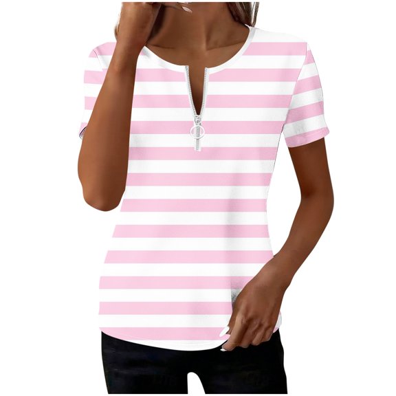 Kezqiaxn Blouses for Women Dressy Casual Zipper Short Sleeve V-Neck Work Shirts with Pocket Loose Tunic Blouses