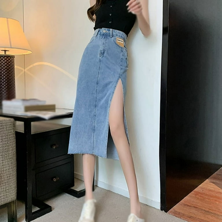 Women's Denim Skirt, Knee Length Slit Denim Skirt, Casual