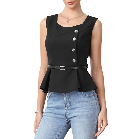 INSPIRE CHIC Peplum Top for Women Work Sleeveless Button Down Ruffle Hem with Belt Business Casual Tops S Black