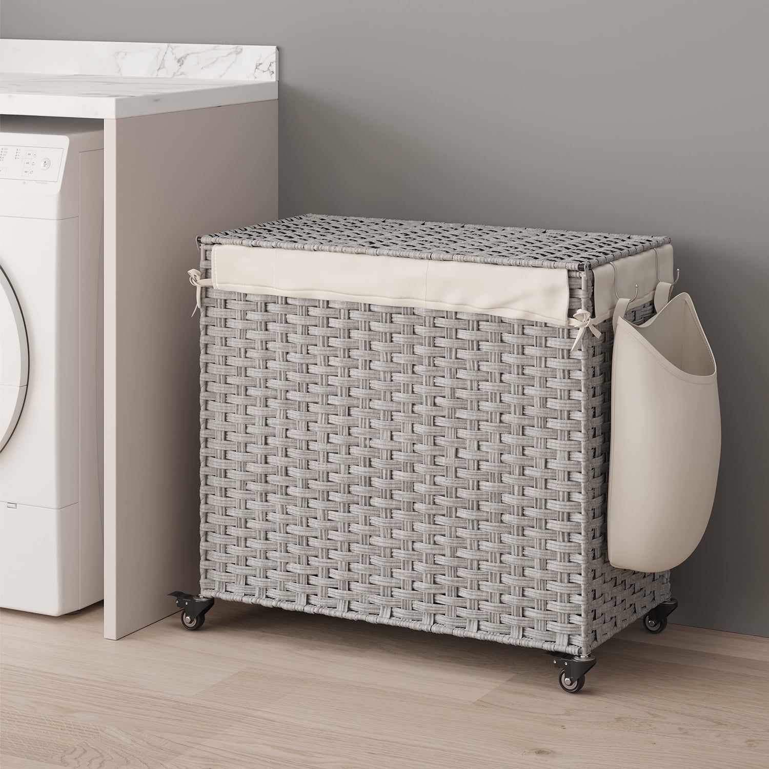 LEDREM Rolling Laundry Hamper with Lid, 3-Section Divider, Large 42.3-Gallon Capacity, Removable Liner, Wheels & Handle, Bedroom Organizer, Gray