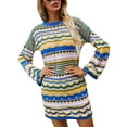 thumbnail image 2 of Inevnen Womens Crochet Knit Dress Rainbow Stripe Long Sleeve Bodycon Mini Dress, 2 of 7