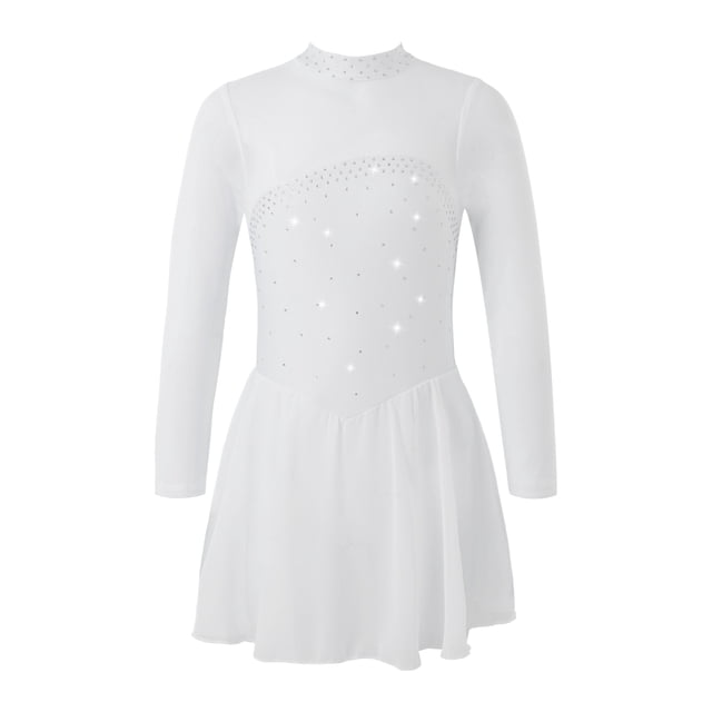 Sxiwei Kids Girls Long Sleeve Mesh Splice Figure Skating Dress with Rhinestone Keyhole Back Gymnastic White 14