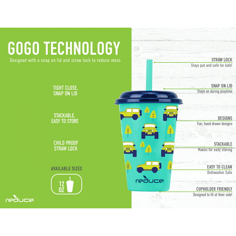  Reduce GoGo's 12 oz Cup Set, 5 Pack – Plastic Cups with Straws  and Lids – Dishwasher Safe, BPA Free – 5 Fun Designs, Wild : Baby