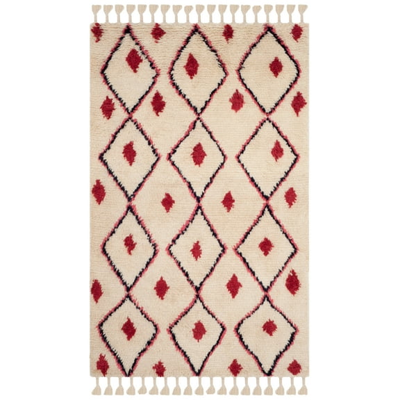 SAFAVIEH Casablanca Winnie Geometric Fringe Shag Area Rug, Ivory/Fuchsia, 5' x 8'