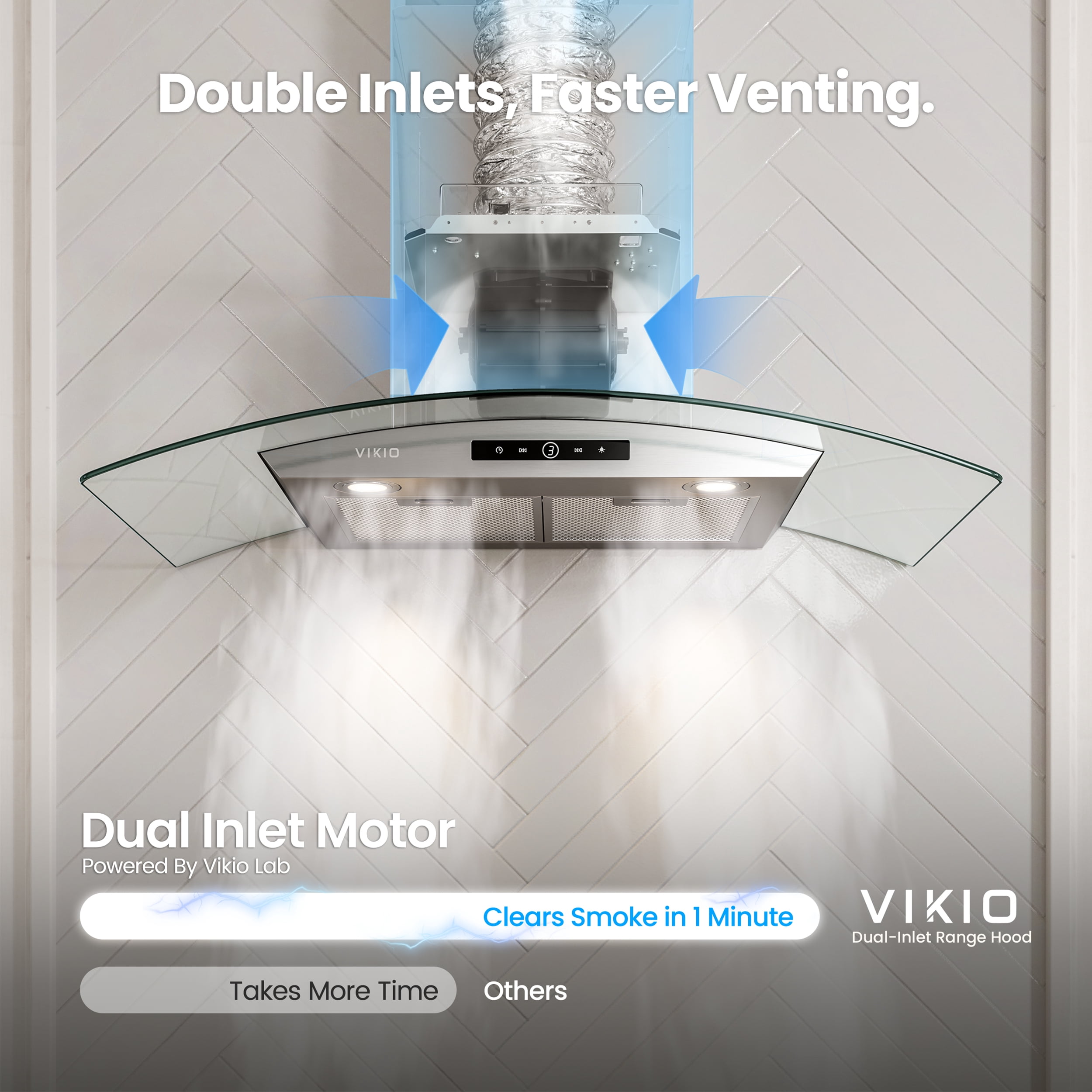 VIKIO 36 in. Wall Mount Range Hood in Stainless Steel and Curved Glass with 3-Speed Fan, Convertible Ducted and Ductless Installation, Touch Control, LED Lights and Carbon Filters Included