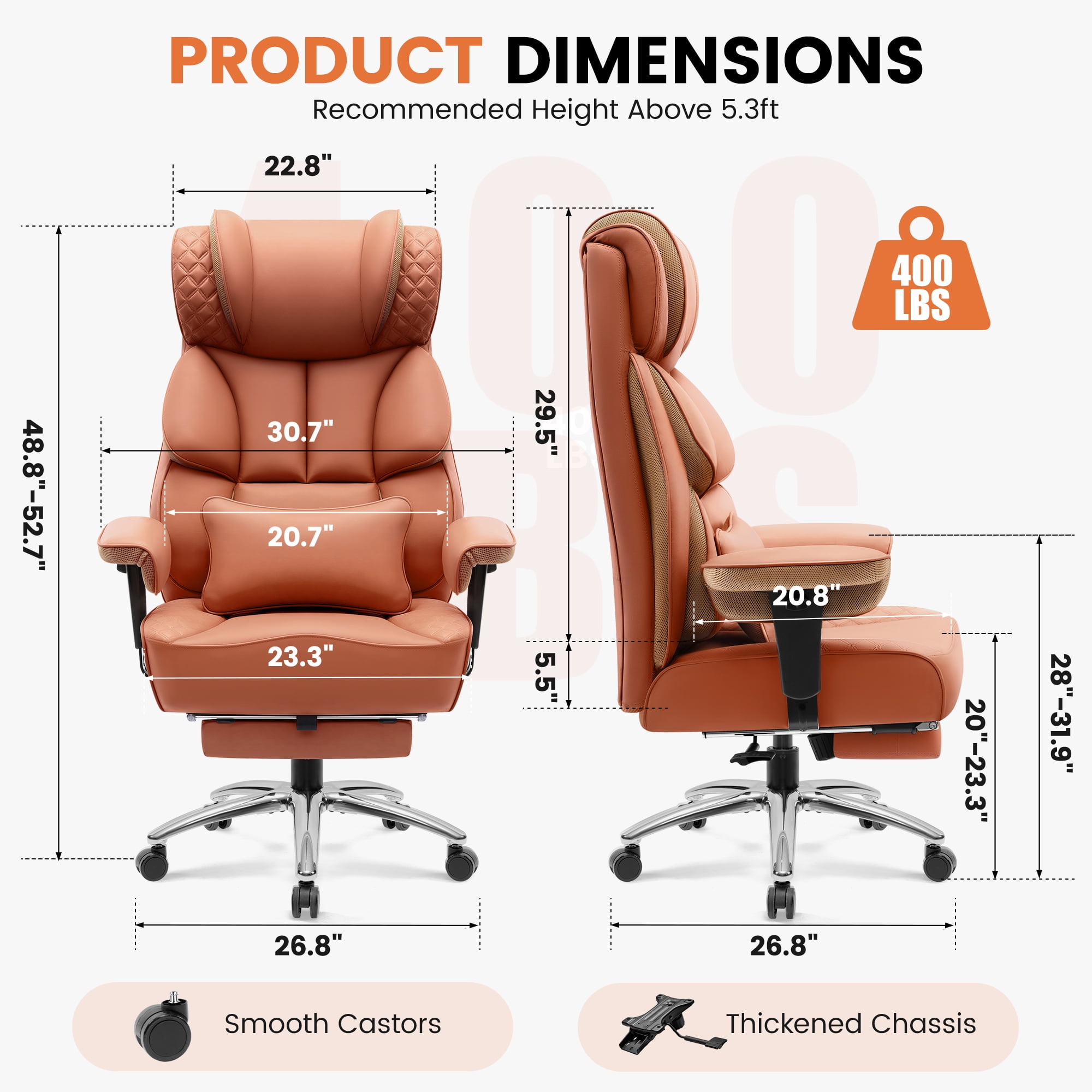 CoolHut Big and Tall Office Chair 400LBS, Adjustable Headrest Ergonomic Computer Desk Chair, Executive Leather Chair with Adjustable Armrest, High Back Office Chair Havy Duty Design, Brown