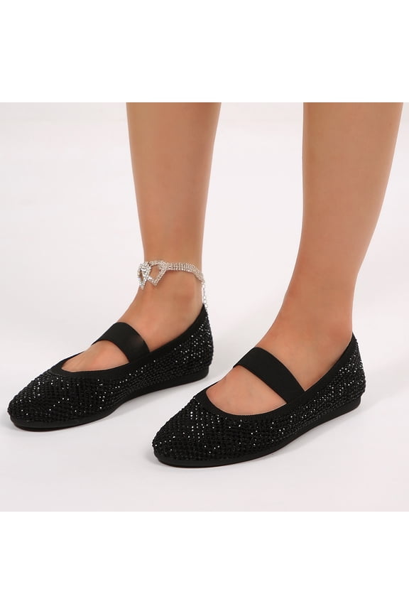 Pennysue Women's Rhinestone Flats Breathable Knit Sparkly Embellished Elastic Strap Comfortable Flat Shoes