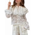 thumbnail image 3 of Women Lace Tie Front Top Ruffle Trim Long Sleeve Flowy Shirt Going Out Top White XL, 3 of 9