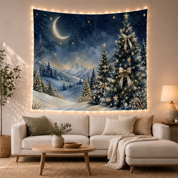 Snowy Mountain Night with Decorated Evergreen Trees Whimsical Illustration for Nature Lovers Forest Wall Art Christmas Gift Tapestry Wall Hanging for Bedroom and Living Room