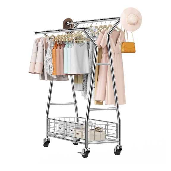 Rolling Clothes Rack, 2 Rod Garment Rack with Basket - 330lbs Capacity Extendable Carbon Steel Rack with Wheels for Bedroom Laundry Room