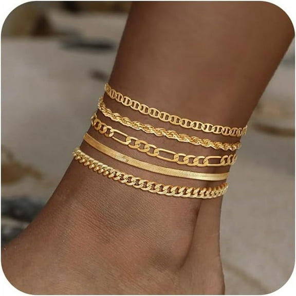 Gold Ankle Bracelets For Women, 14K Gold Anklets For Women Waterproof Snake Figaro Cuban Link Chain Anklets Set Chunky Thin Layered Dainty Anklet For Women Gold Jewelry Gifts[o7795]