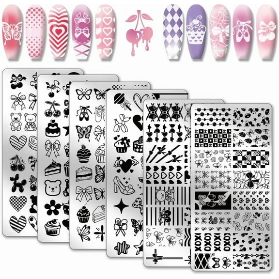 6pcs Bows Hearts Nail Stamping Plates Cute Bears Nails Art Stencils Cakes Nail Art Templates Butterfly Print Nails Stencils Cherry Nail Image Plates