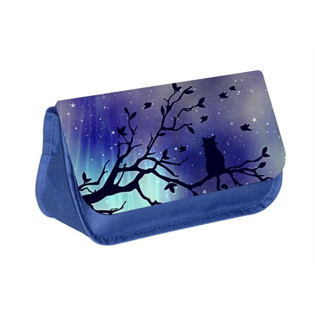 - Kitten on a Branch - Blue Medium Sized Makeup Bag with 2 Zippered Pockets and Velcro Closure