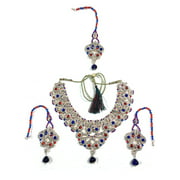 Mogul Indian Jewelry- Blue Red Stone Bollywood Designer Kundan Polki Necklace Earring Set