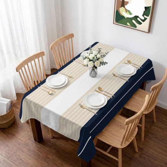 Navy Beige Striped Table Cloth Waterproof Tablecloths, Gradient Geometric Blue White Tablecloth Dining Table Cover for Kitchen Party Tabletop Outdoor, Rectangle Tablecloth 60x102 Inch