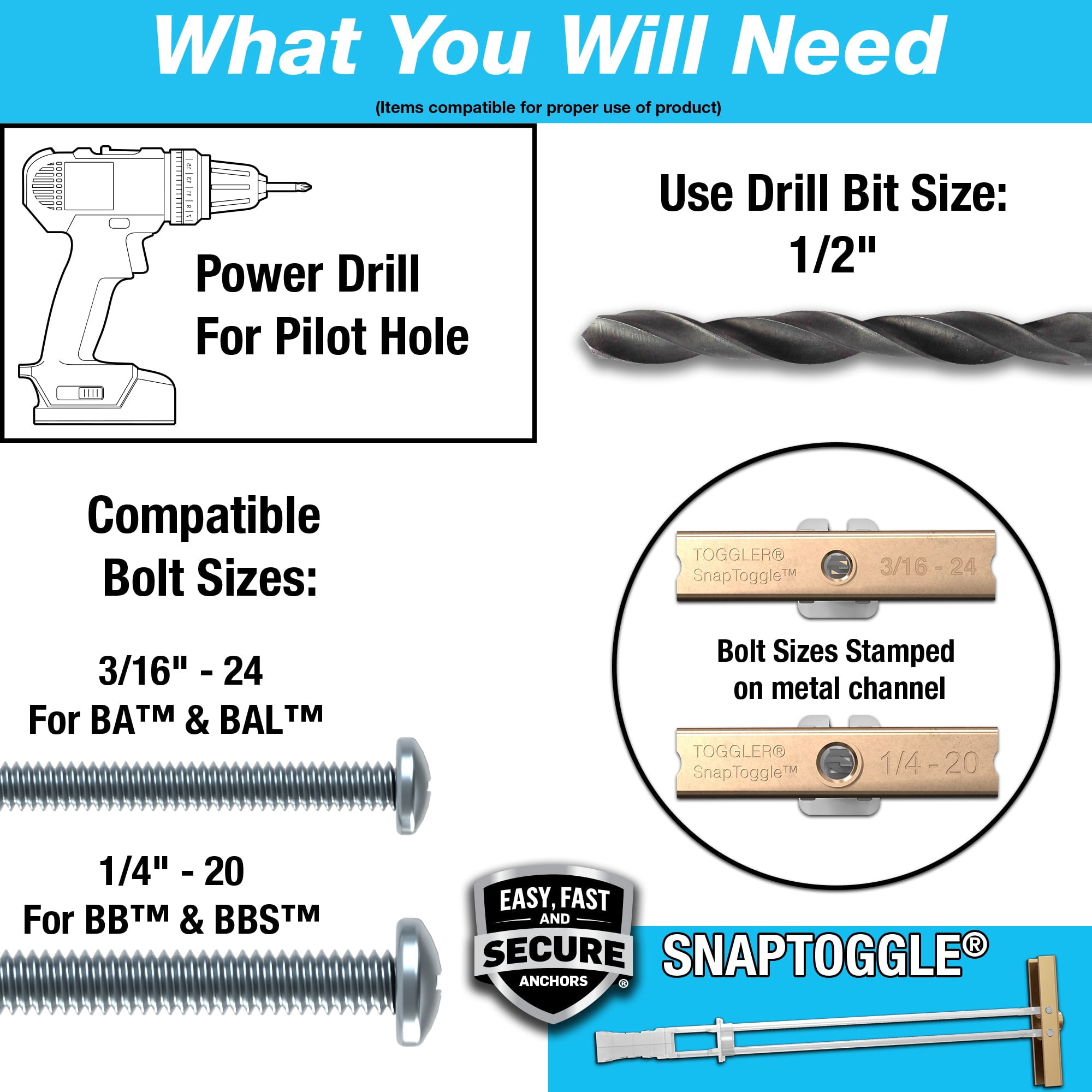 TOGGLER SnapToggle BB 1/4" Toggle Bolts with 2-1/2" Galvanized Combo Head Screws, Heavy Duty Anchors, 265 lb Drywall (Pack of 10 Screws Included)