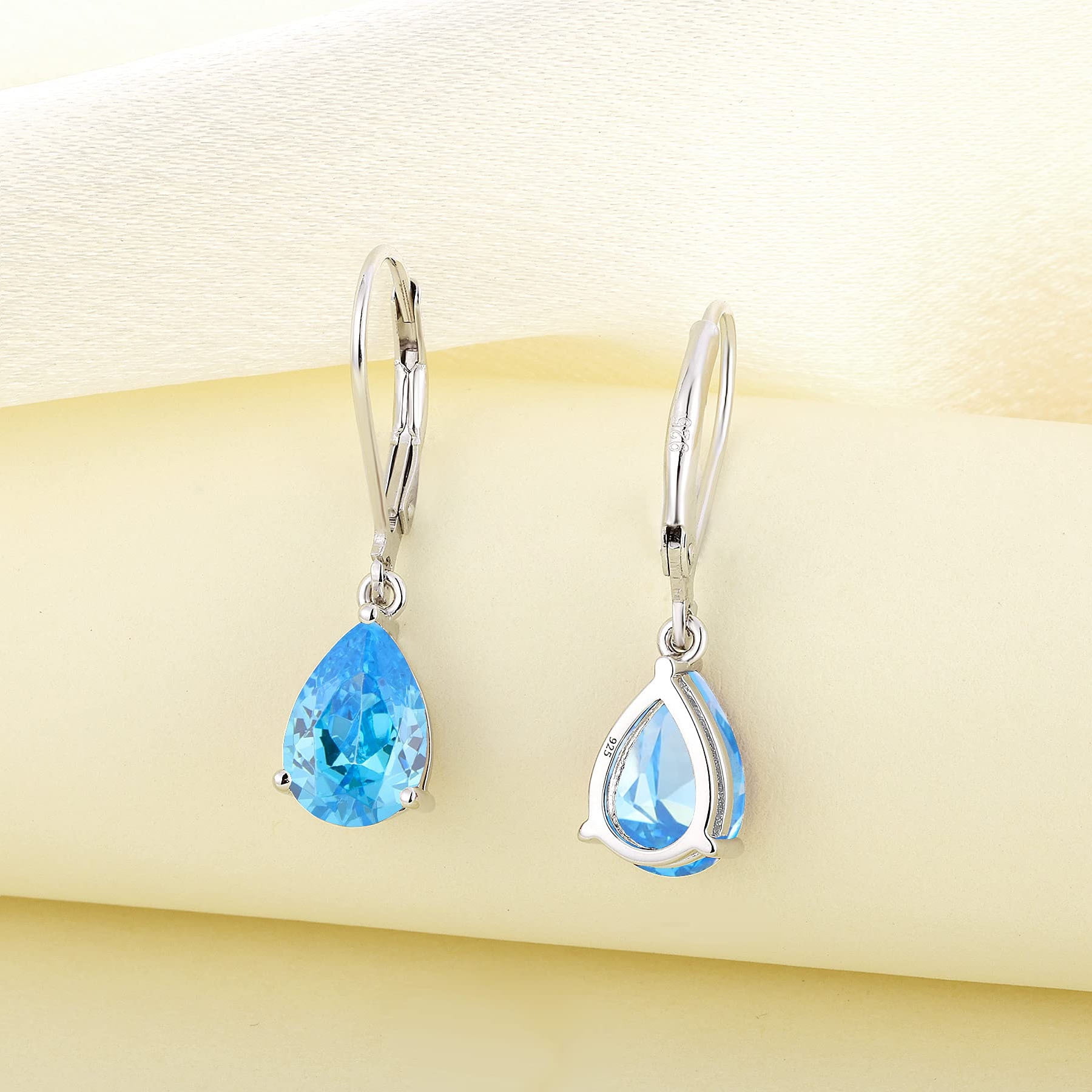 PYNZY Dangle Drop Earrings Sterling Silver Solitaire Leverback Teardrop Earrings for Women Birthstone Created Aquamarine Jewelry Gifts for Moms