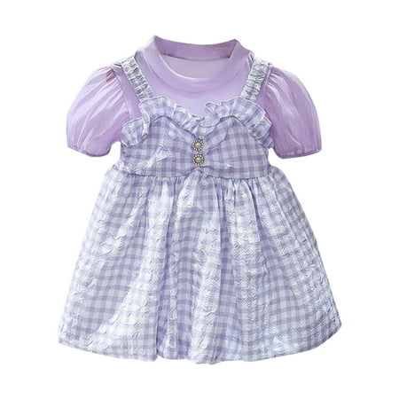 

Summer Fashion New Bubble Sleeve Crew Neck Striped Plaid Girls Princess Dress Baby Girl Clothes