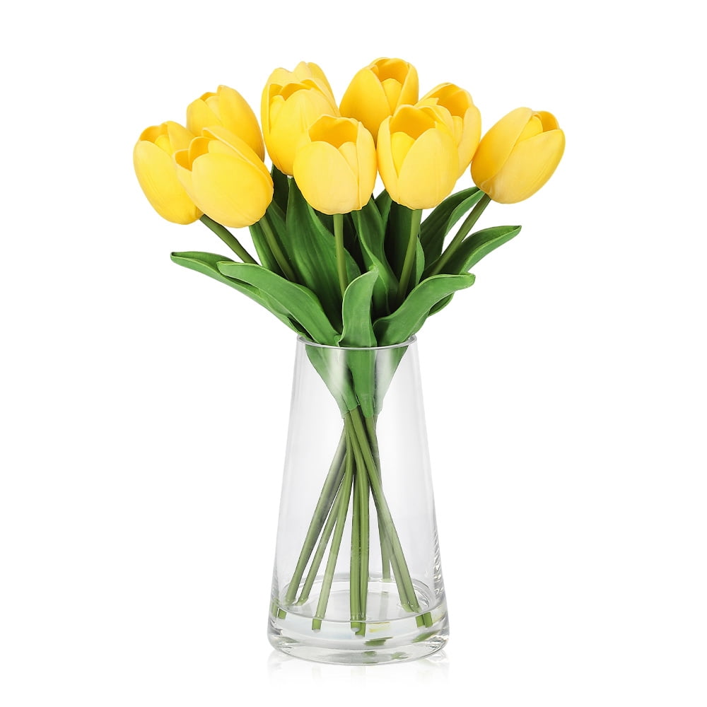 Yellow Real-Touch Calla Lily Bouquet in Glass Vase – Artificial Flowers with Faux Water, Elegant Home Decor