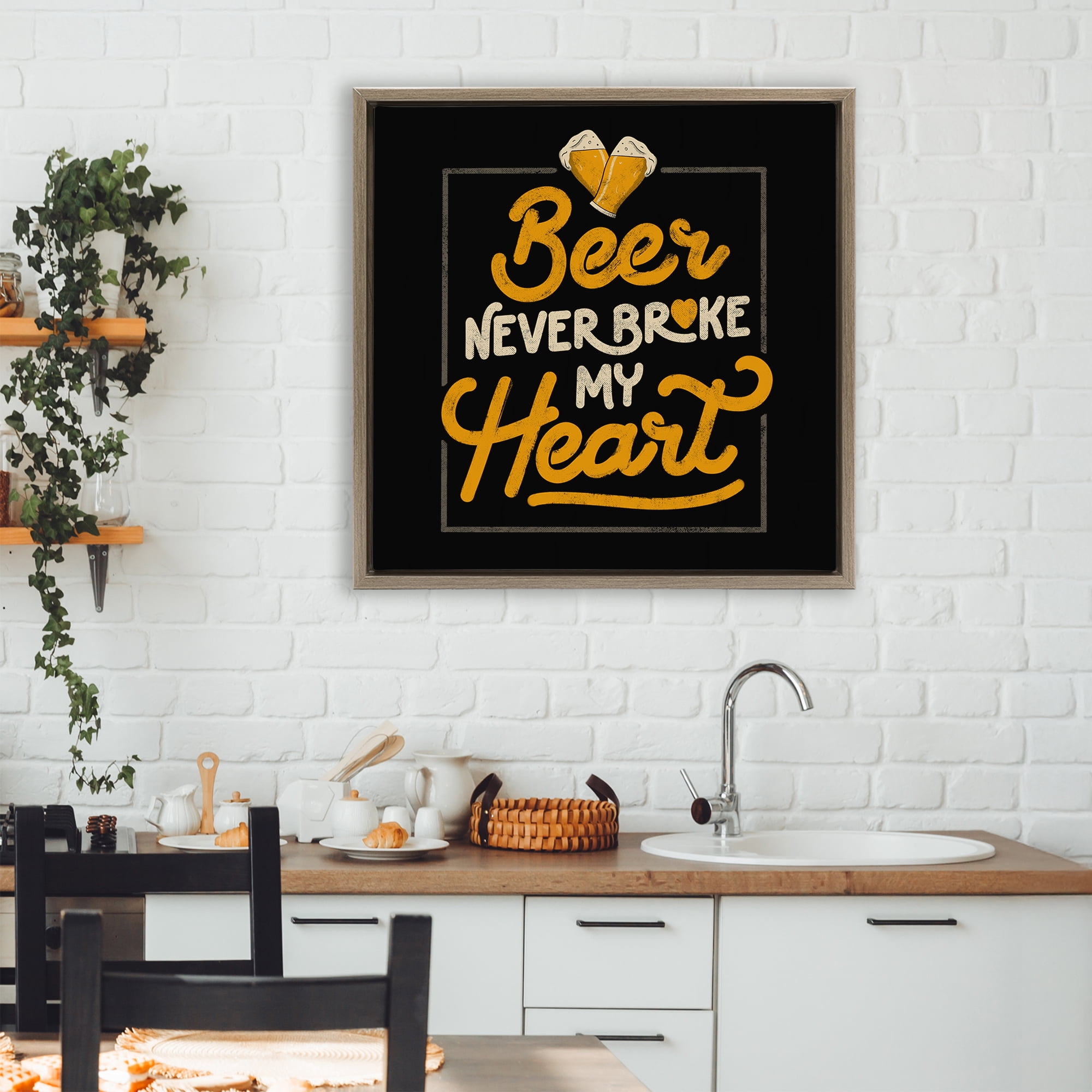 Stupell Industries Beer Never Broke My Heart Brown Framed Floater Canvas Wall Art, design by EduEly Designs