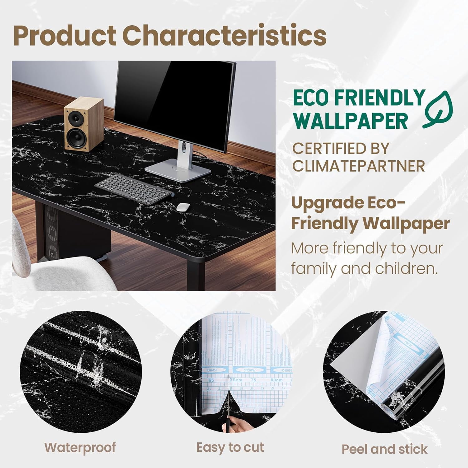 MaxxMarket Glossy Marble Wall Paper Granite Black/Grey Kitchen Countertop Cabinet Furniture Refurbishment Removable Wallpaper Peel and Stick Vinyl Roll 17.7" x 196.8"