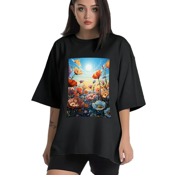Plus Size Shirt for Women Black Tops for Women Short Sleeves Shirt for Women Colorful Flowers3 T Shirt Crewneck Shirt for Women XS