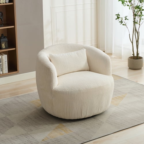 BSHTI 34.25" Wide Upholstered Corduroy 360°Swivel Barrel Soft Accent Chair with Pillow,Circular Reading Armchair for Living Room,Bedroom,Office,Lounge,Ivory