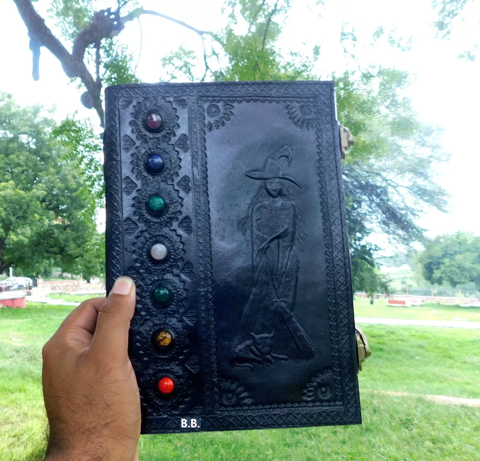 Handcrafted Embossed Witch Design Vintage Leather Bound Journal Seven Stone Grimoire Diary Blank Notebook For Men & Women