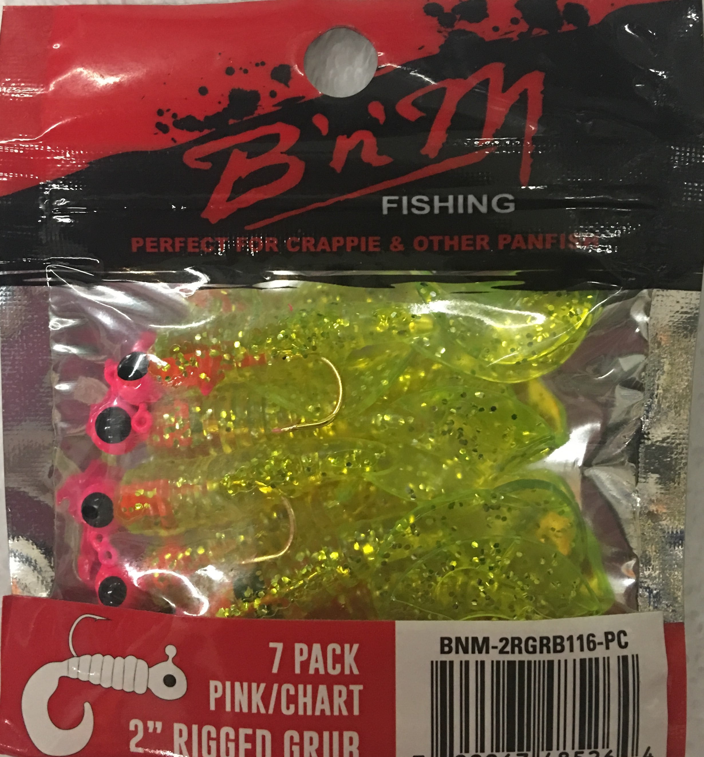 (3 pack) B'n'M 2" Rigged Grub Lure, Chartreuse & Pink, 1/16 Oz.