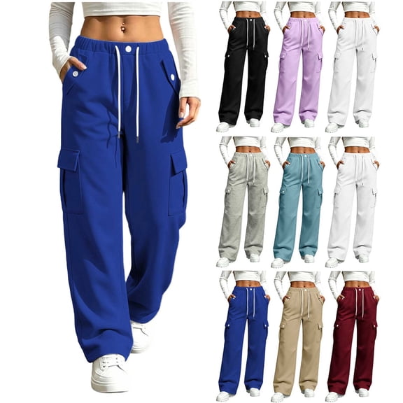 Plus Size Women's Sweatpants Baggy Elastic Waist Drawstring Casual Solid Color Sweatpants Cuffed Side Pockets Pants