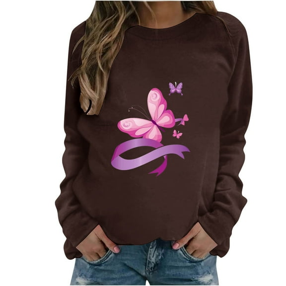 WREESH Women's Pink Ribbon Print Sweatshirt Long Sleeve Loose Fit Casual Top Brown