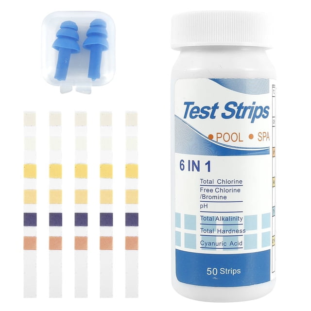 6 IN 1 Test Strips Kit for Swimming Pool Water Testing PH Test Paper with 2 Pairs of Earplugs 100 Strips