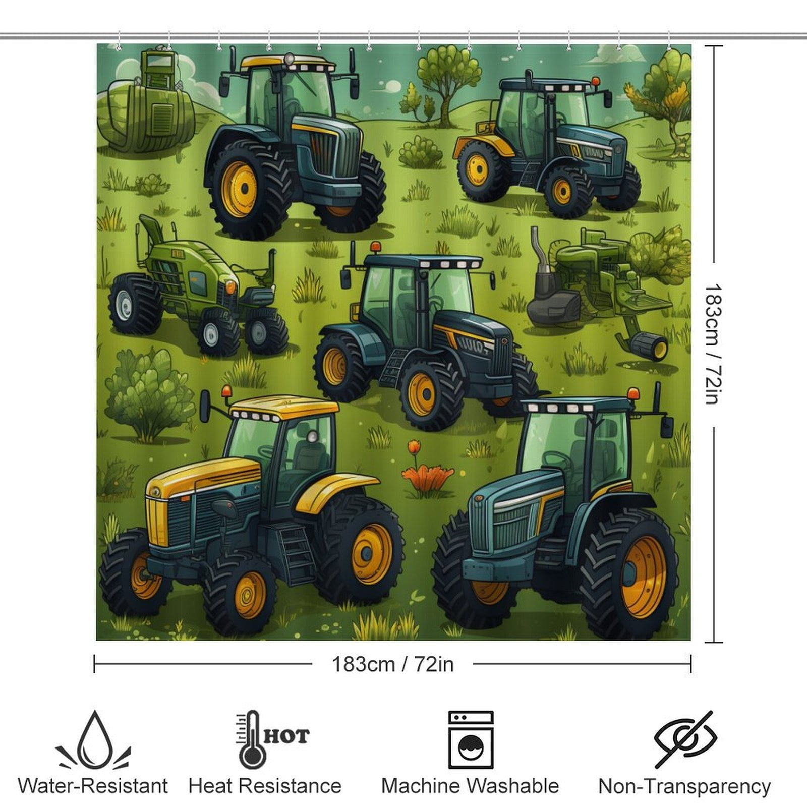 Shower Curtain 4 Piece Set Green Tractors Pattern Non-Slip Rugs And Toilet Mat Lid Rug Accessories Equipment Trucks Bathroom Decor Set with Accessories for Bathtub Decor 72inch X 72inch