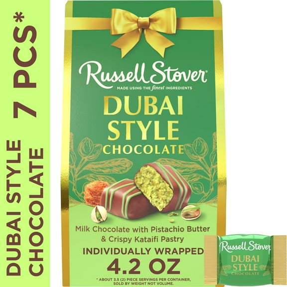 RUSSELL STOVER Dubai Style Milk Chocolate Candy Bar with Pistachio & Kataifi Gift Bag, 4.2 oz.