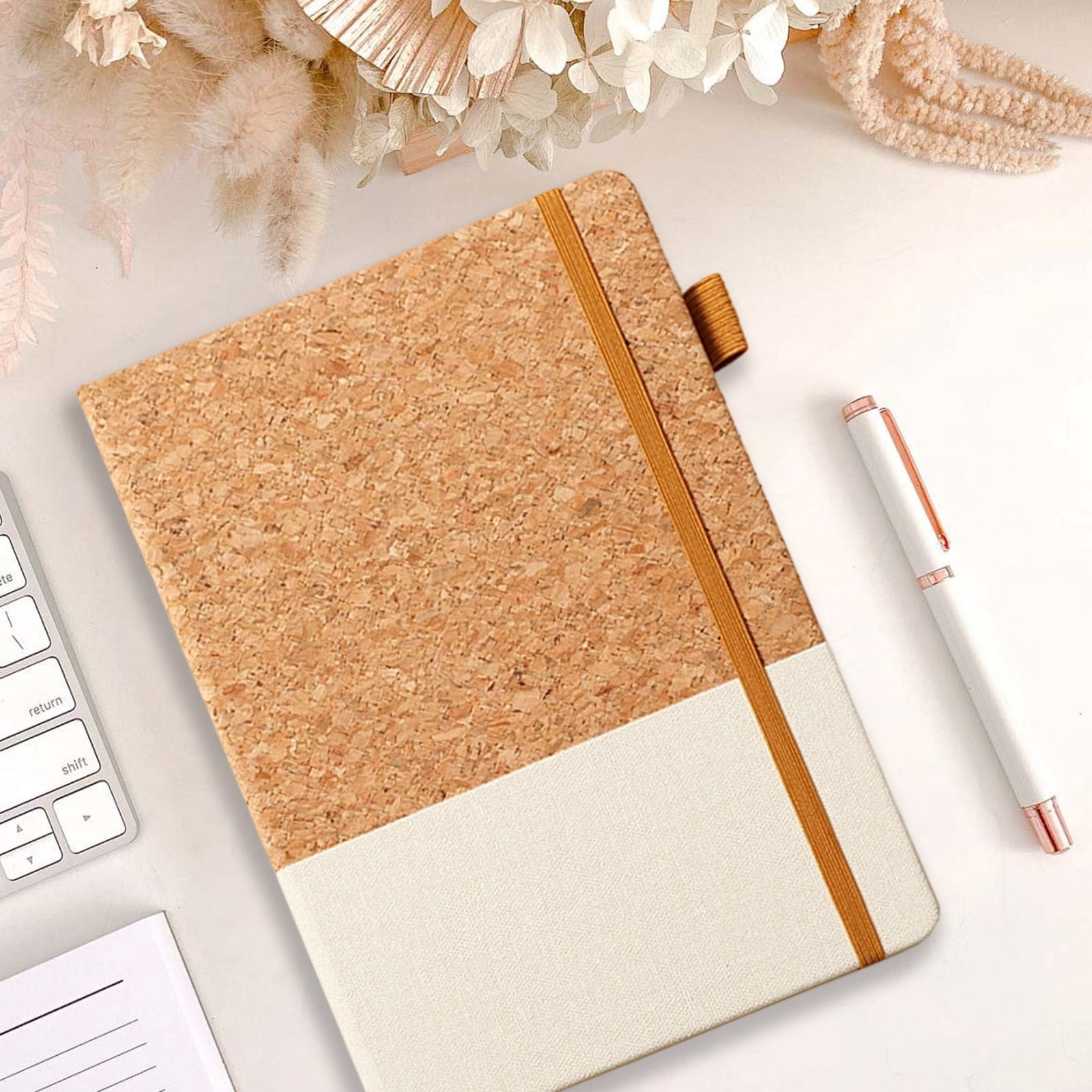 VKLU 1Pc Beige 8.5" x 5.7" Cork and Faux Leather Patchwork Journal, Professional Hardcover Notebook with Elastic Band