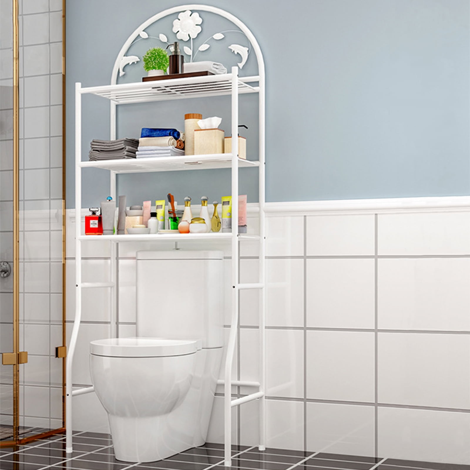 Simple Trending Over The Toilet Storage Rack with Toilet Paper Holder，Metal  3 Tier Bathroom Organizer Shelf with 2 Hooks,White