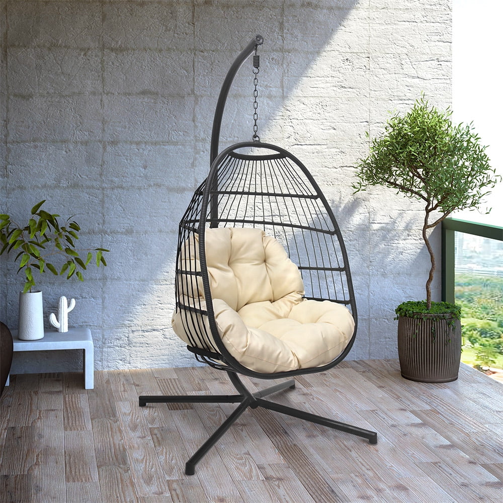 Abble Outdoor Wicker Hanging Basket Swing Chair with Cushion and Stand - Black & Beige