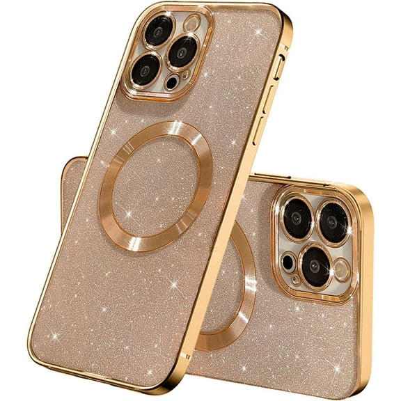 Compatible with iPhone 14 Pro Max Magnetic Glitter Cute Case, Plating Bling Clear Phone Case with MagSafe for Women Girls Full Camera Protector Back Cover for iPhone 14 Pro Max 6.7 Gold