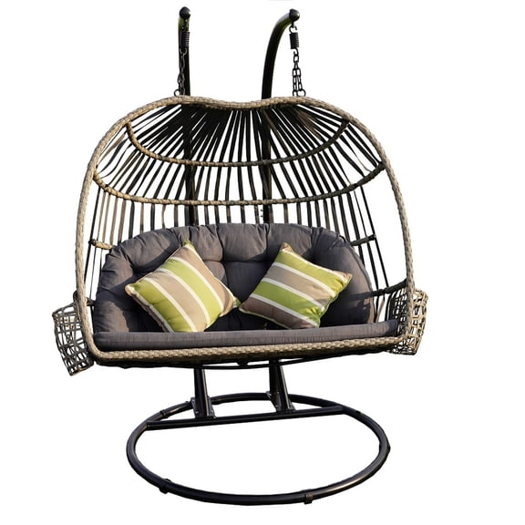 Beige Wicker Double Seat Patio Swing Chair with Dust Blue Cushion(two pillows are not include)