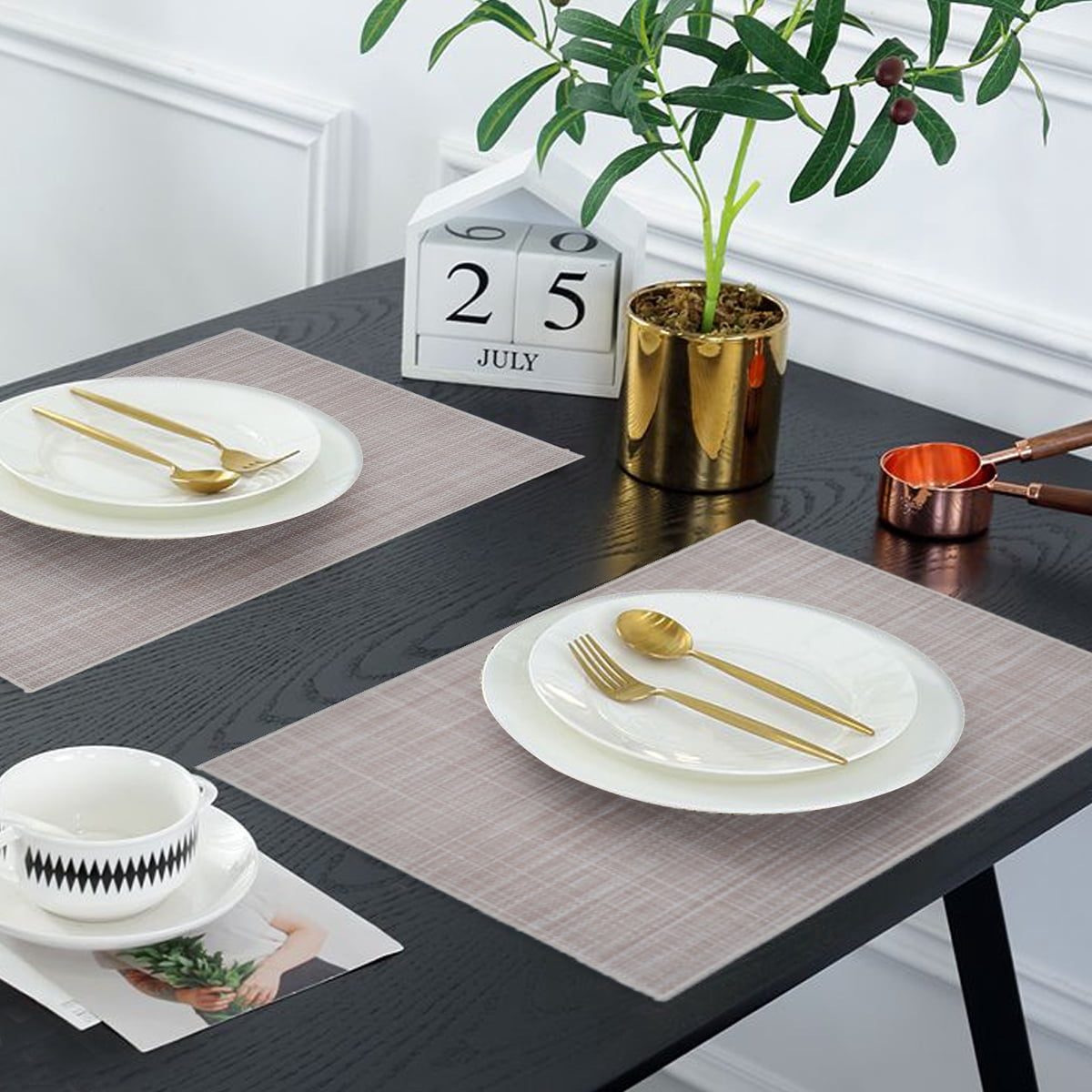 Decozen Placemats Set of 4 Dining Table Placemats, Rectangular Vinyl, PVC, 18"x12" - Beige Brown
